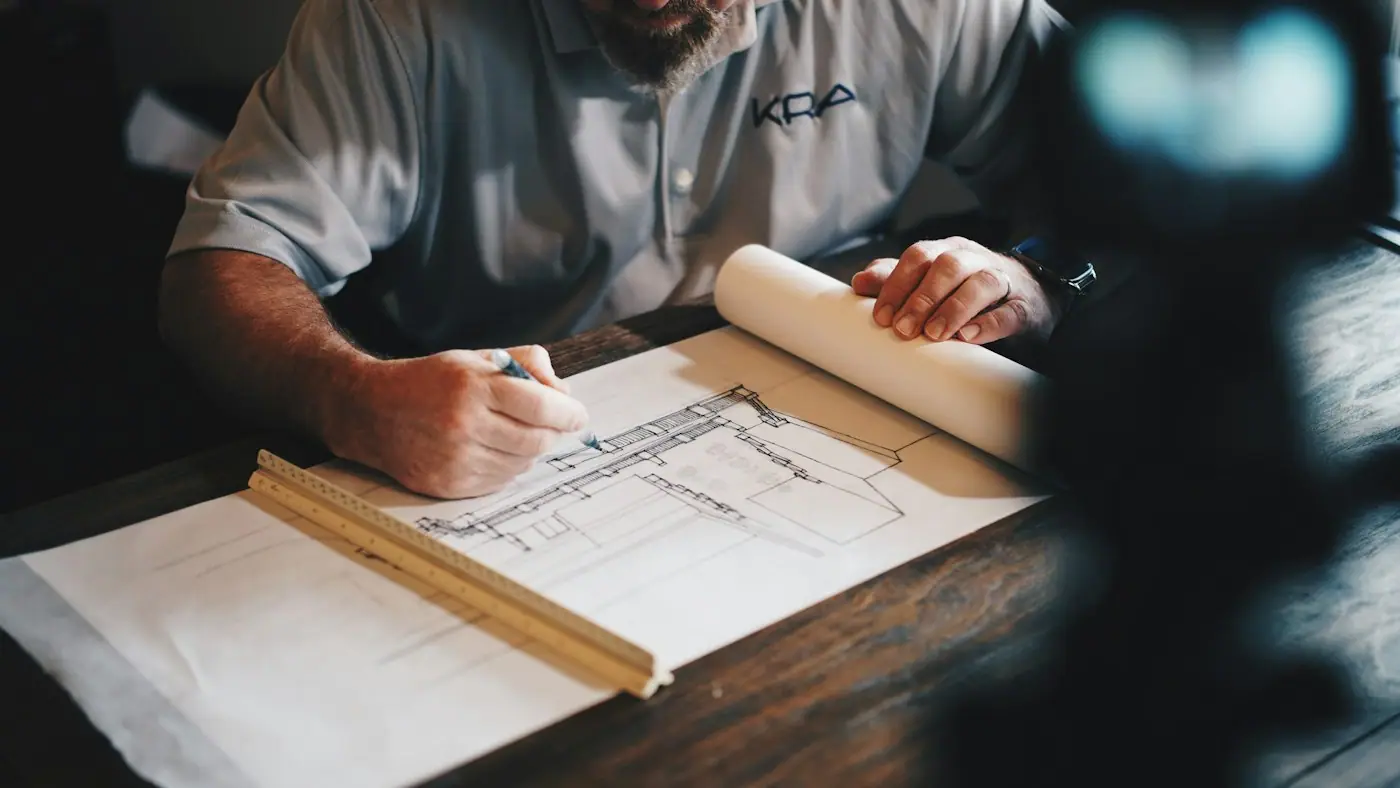 Engineer reviewing construction drawings at a desk