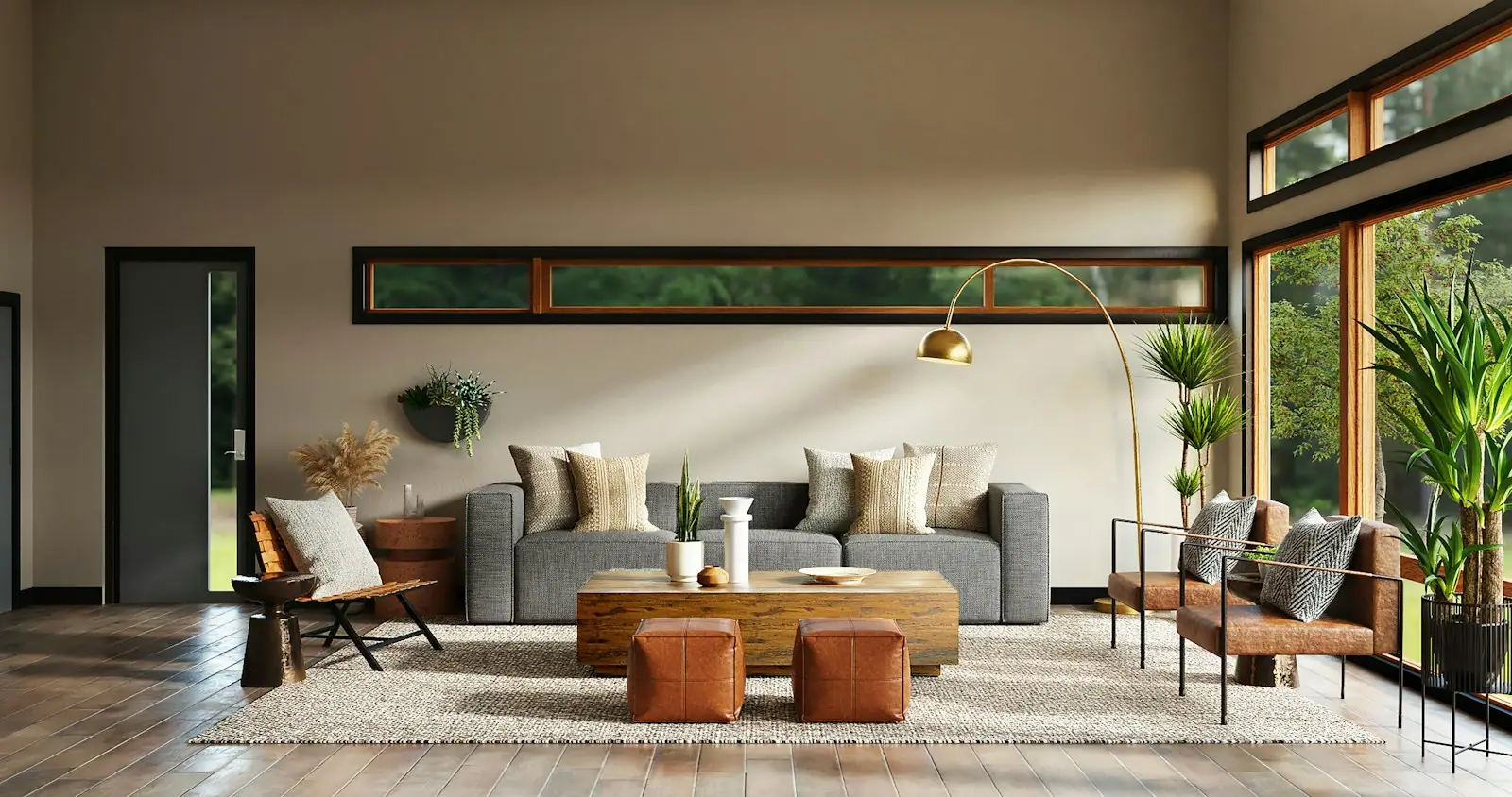 Warm living room with low sofa and timber accents